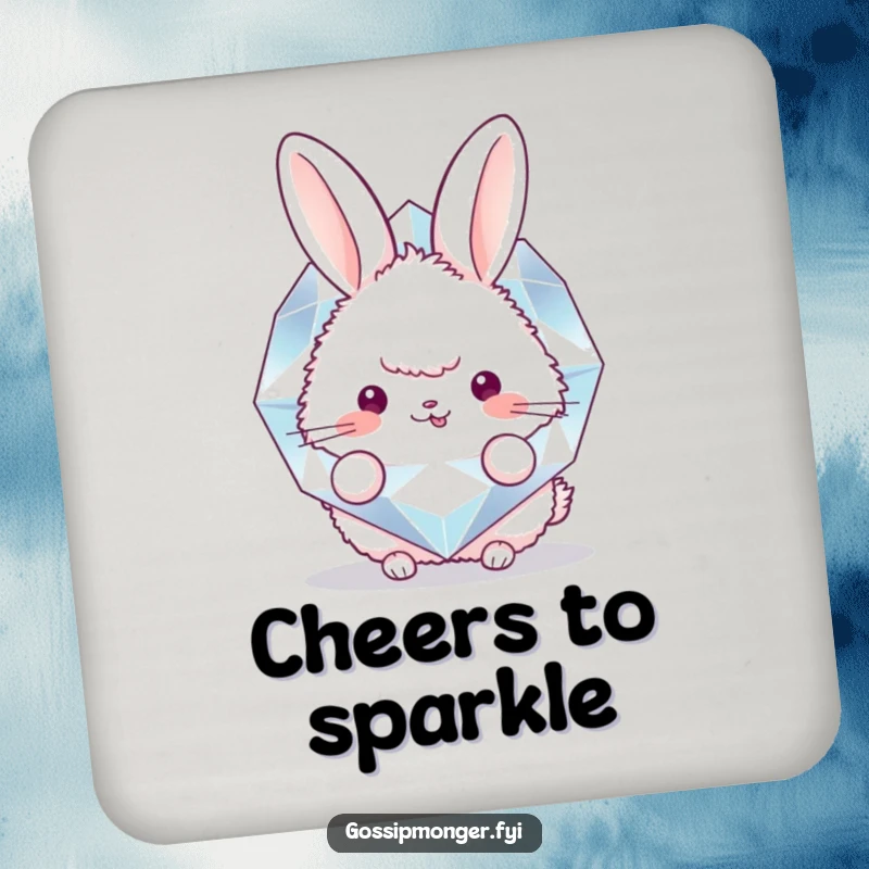 Funny drink coasters with a round, fluffy bunny peeking from behind a giant, sparkling diamond, protecting surfaces with whimsical charm.