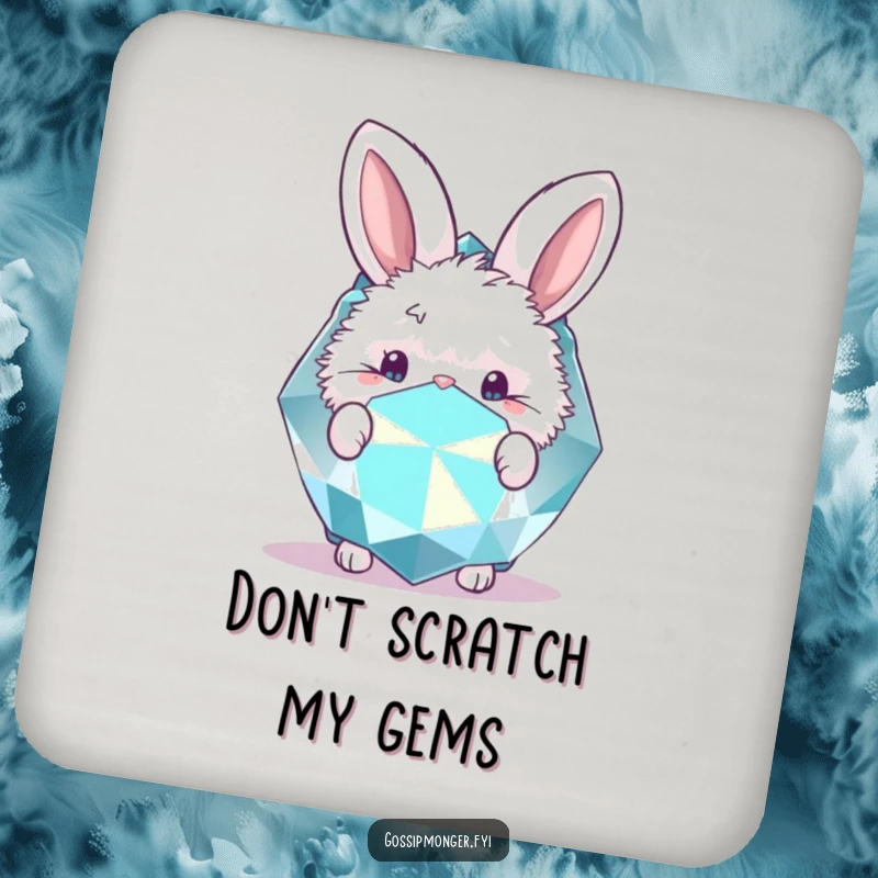 Funny drink coaster with a fluffy bunny peeking from behind a sparkly gemstone. Cute accent.