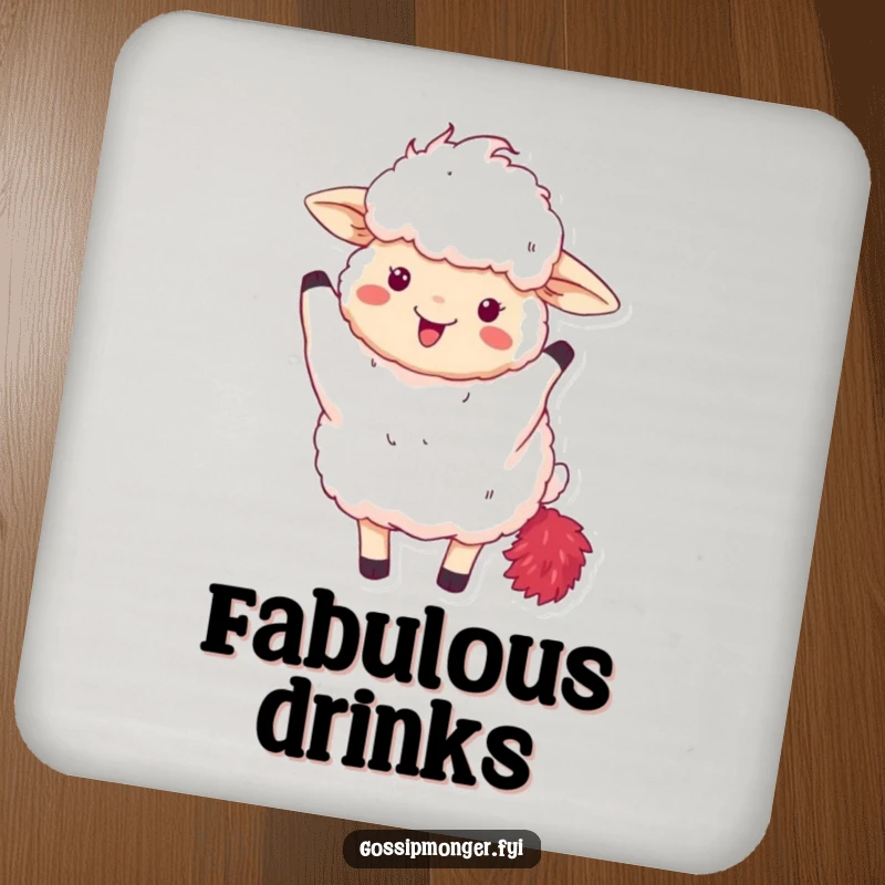 Funny drink coaster with a fluffy sheep excitedly waving a red feather boa, for glamorous surface protection.