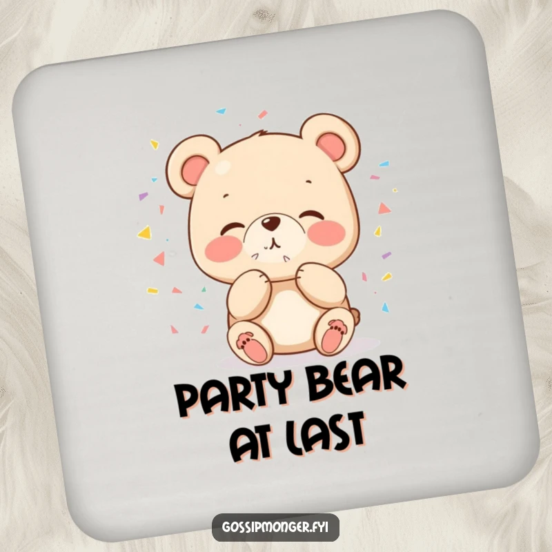 Funny cute bear blowing a kiss of confetti on drink coasters, adding humorous celebration to table settings.