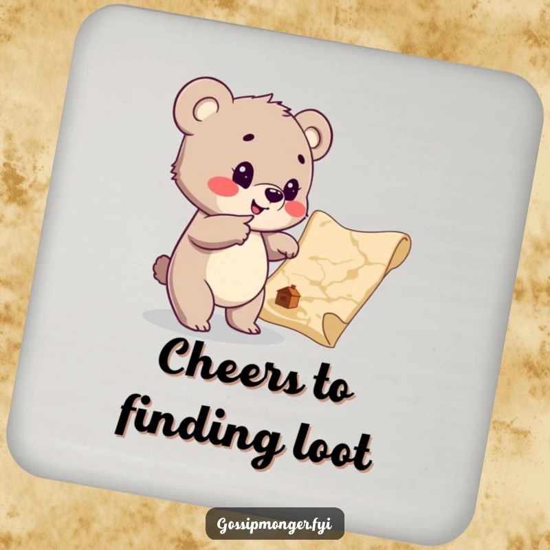 Funny Bear Cub Treasure Map Coasters: A cub enthusiastically points at a treasure map, adding a fun element to tables.