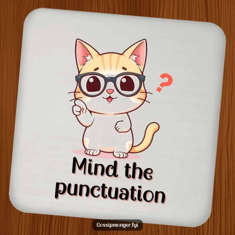 Funny drink coasters featuring a wise cat in glasses, pointing accurately at a misplaced comma.