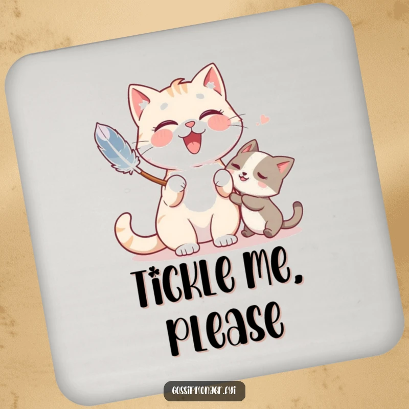 Funny coasters showcasing a giggling cat playfully tickling a friend with a feather duster, adding charm to any table.