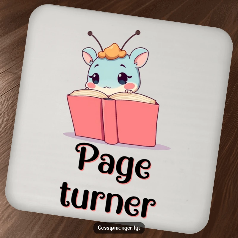 Funny creature with antennae peeking from a book, featured on a drink coaster, offering protection and a humorous touch to any surface.
