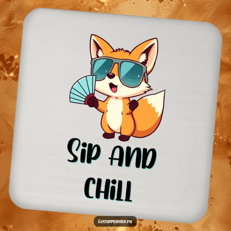 Funny drink coasters featuring a tiny fox wearing oversized sunglasses and gesturing wildly with a fan, adding a cool and humorous touch to surfaces.