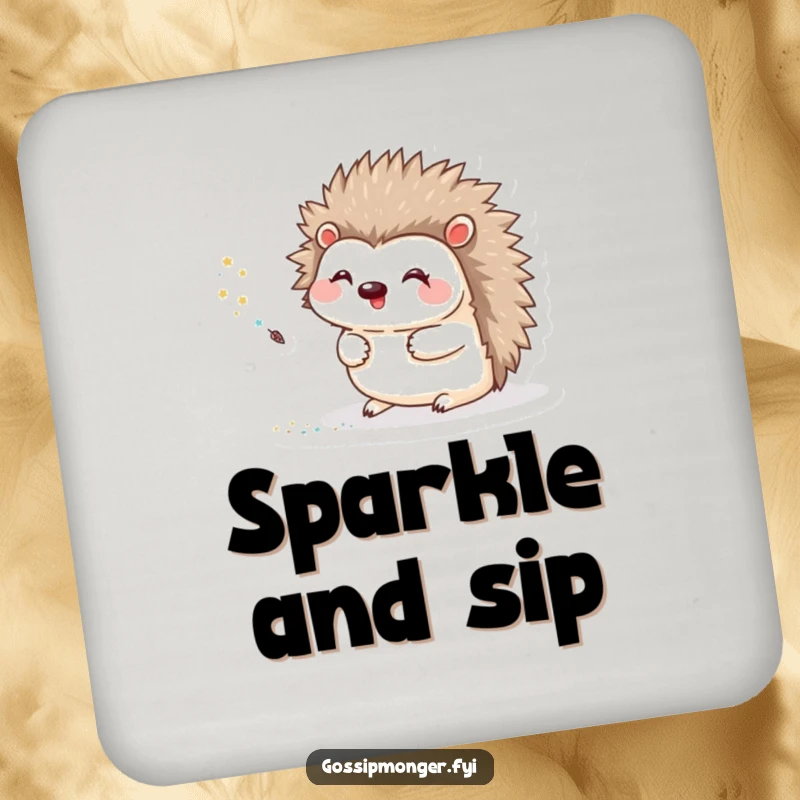 Funny Coaster featuring a happy hedgehog creating a trail of glitter with its tiny quill, protecting your surfaces.