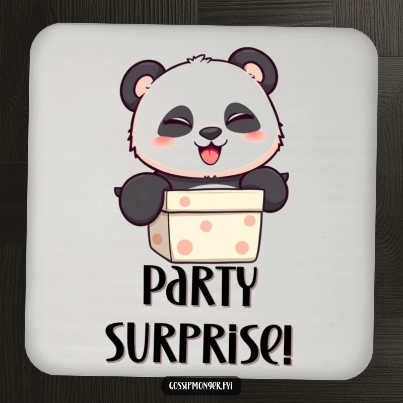 Funny Coaster featuring a cute panda popping out of a gift box, giving a mischievous wink to protect your surfaces.