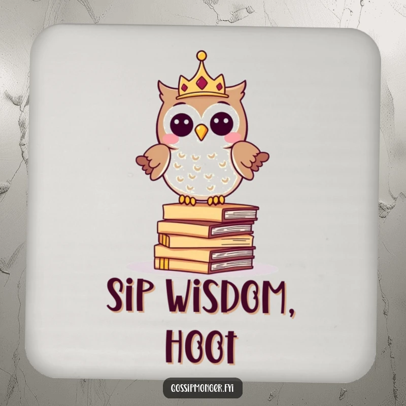 Funny drink coaster with a giggling crowned owl balancing on whispering letters, for protecting surfaces with wise humor.
