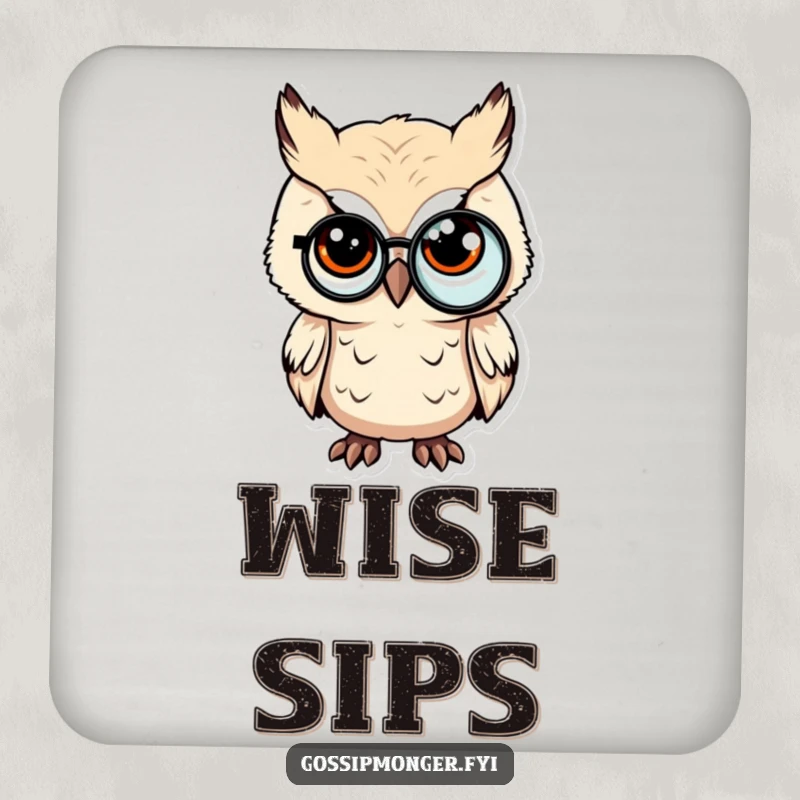 Funny drink coaster with a tiny owl, monocle, and a sly wink, for sophisticated surface protection.