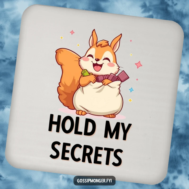Funny coasters showcasing a joyful squirrel with legs overflowing bag of imaginary secrets, protecting surfaces with style.