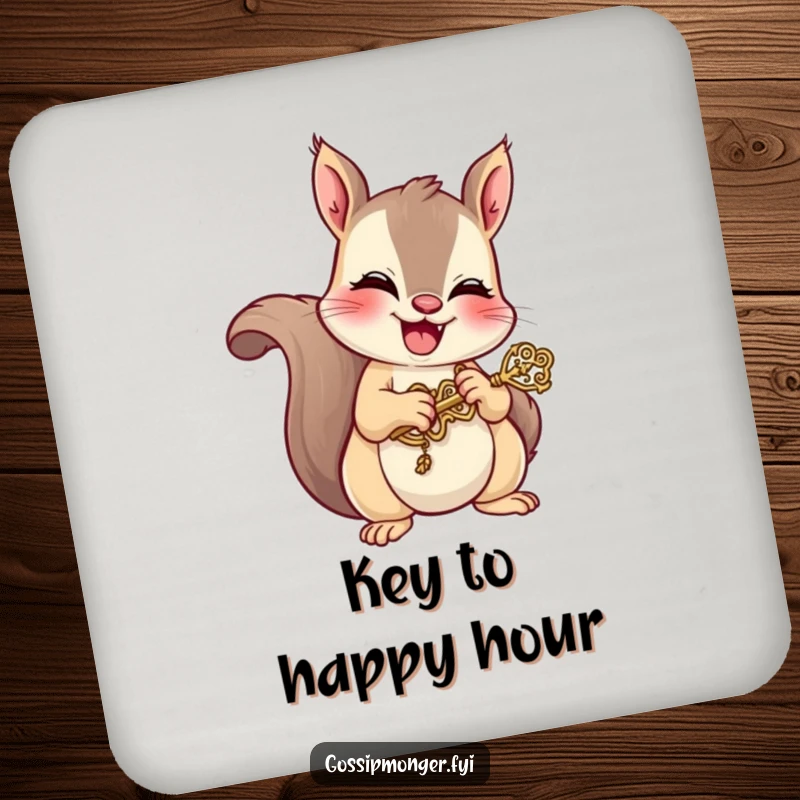 Funny drink coasters featuring a mischievous squirrel giggling while holding a tiny, ornate key, perfect for protecting surfaces with playful charm.