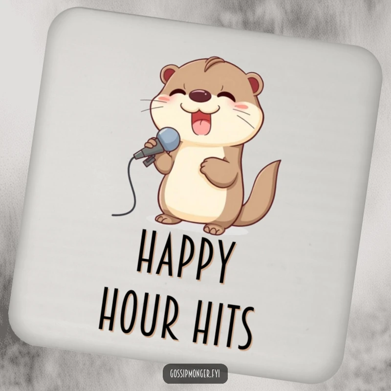 Funny coasters with giggling otters using large seashells as microphones, perfect for music-themed decor.
