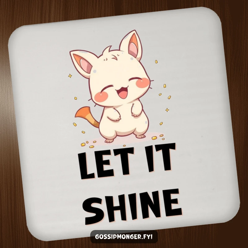 Funny creature with a pointy tail giggling while scattering shiny objects, featured on a drink coaster, adding protection and a humorous touch.