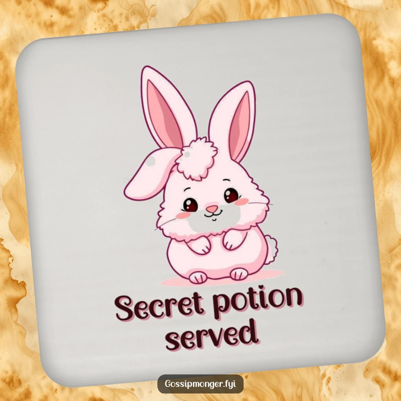 Funny fluffy pink bunny peeking conspiratorially behind a giant stylized ear, adding cute humor to drink service.