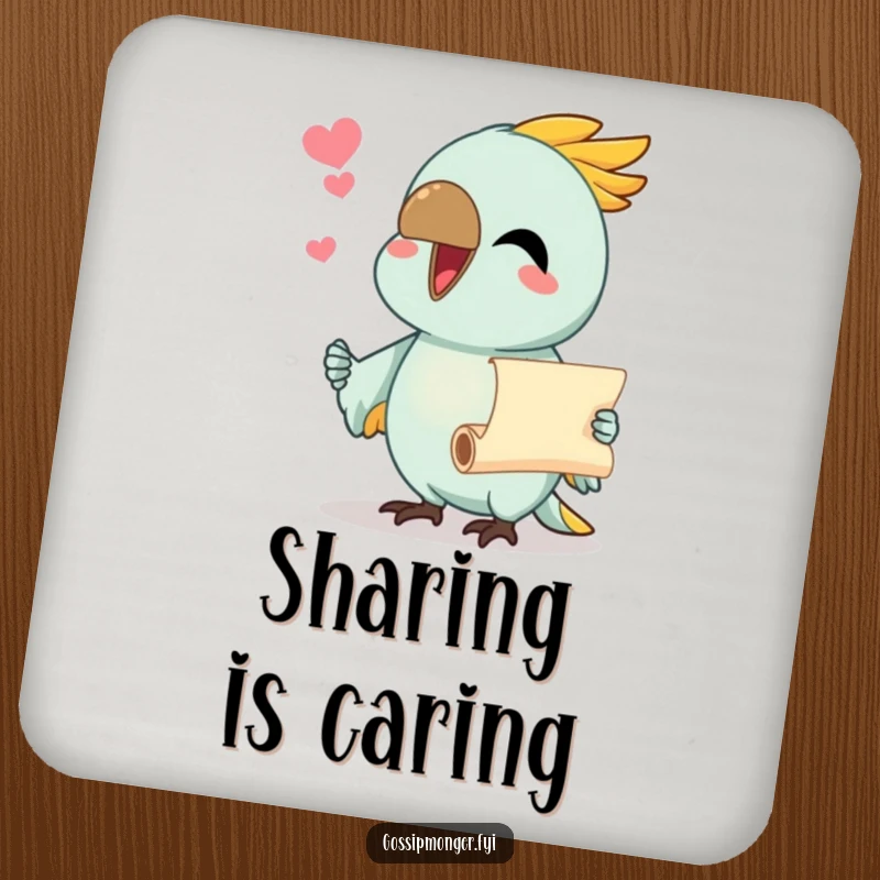 Funny coasters with chatty parrots holding tiny scrolls, perfect for protecting surfaces with humor.