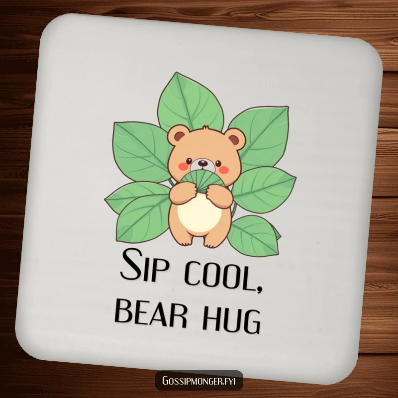 Funny Bear Coaster Set: A small, round bear holds a fan made of gigantic leaves, offering cool and humorous table protection.