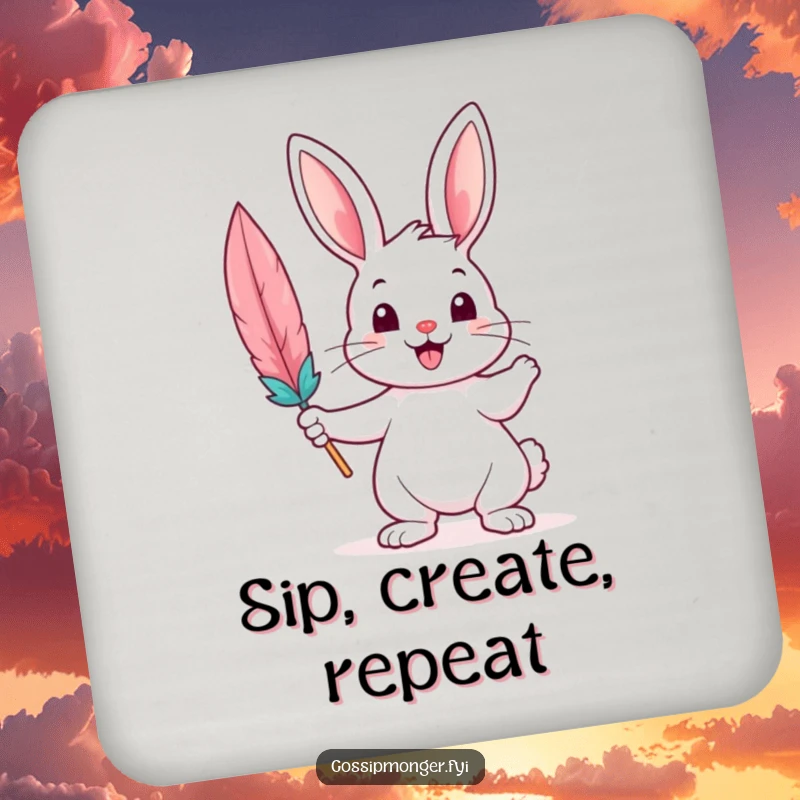 Funny Drink Coaster showcasing a cheerful bunny holding a feather quill, adding a touch of art to any surface.