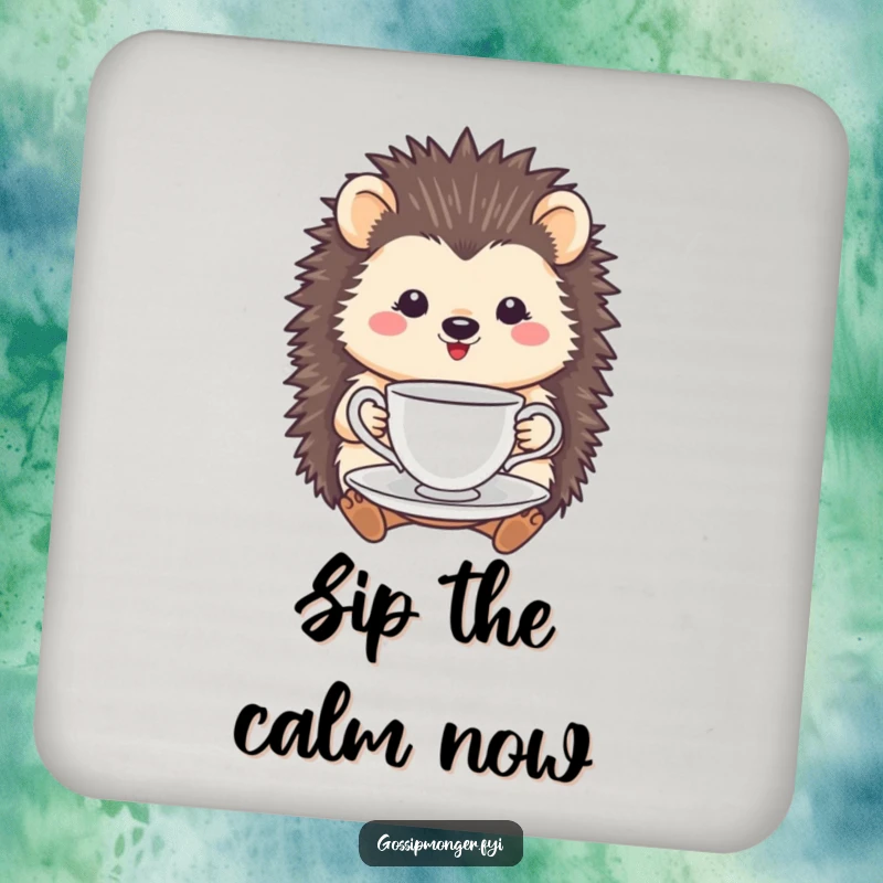 Funny Hedgehog Tea Cup Coasters: A smiling hedgehog holds a tea cup and saucer, adding charming protection.