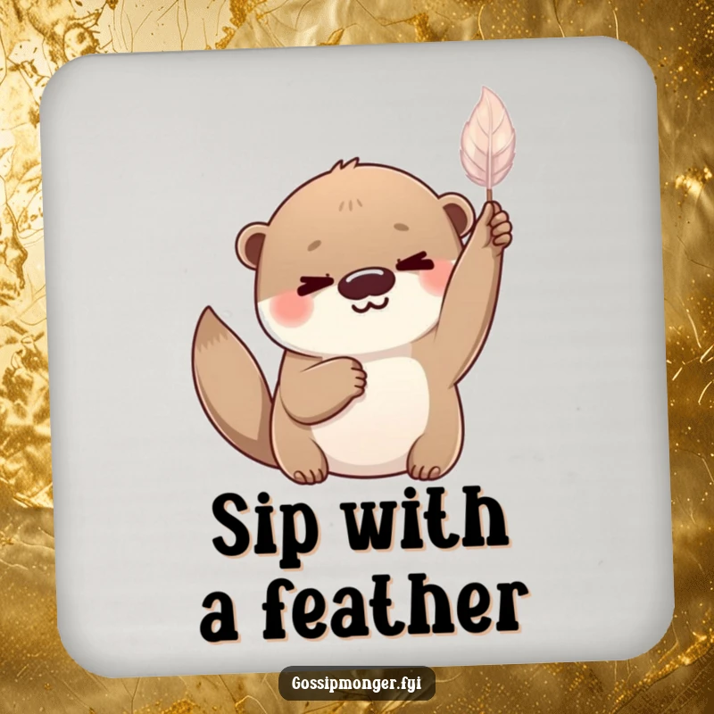 Funny playful otter with a knowing smile, holding a delicate shimmering feather aloft, absorbent drink coaster.