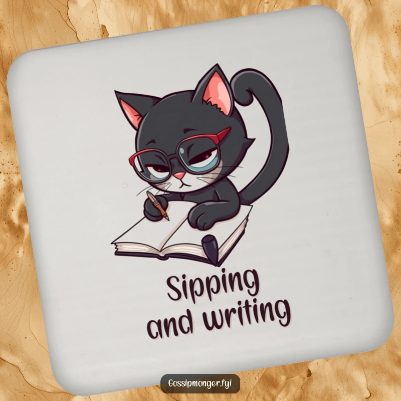 Funny black cat wearing spectacles, furiously scribbling in a notebook with a quill, absorbent drink coaster for parties.