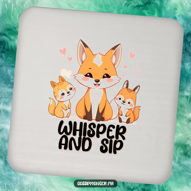 Funny drink coaster with a smiling fox sharing whispers with woodland creatures. Nature accent.