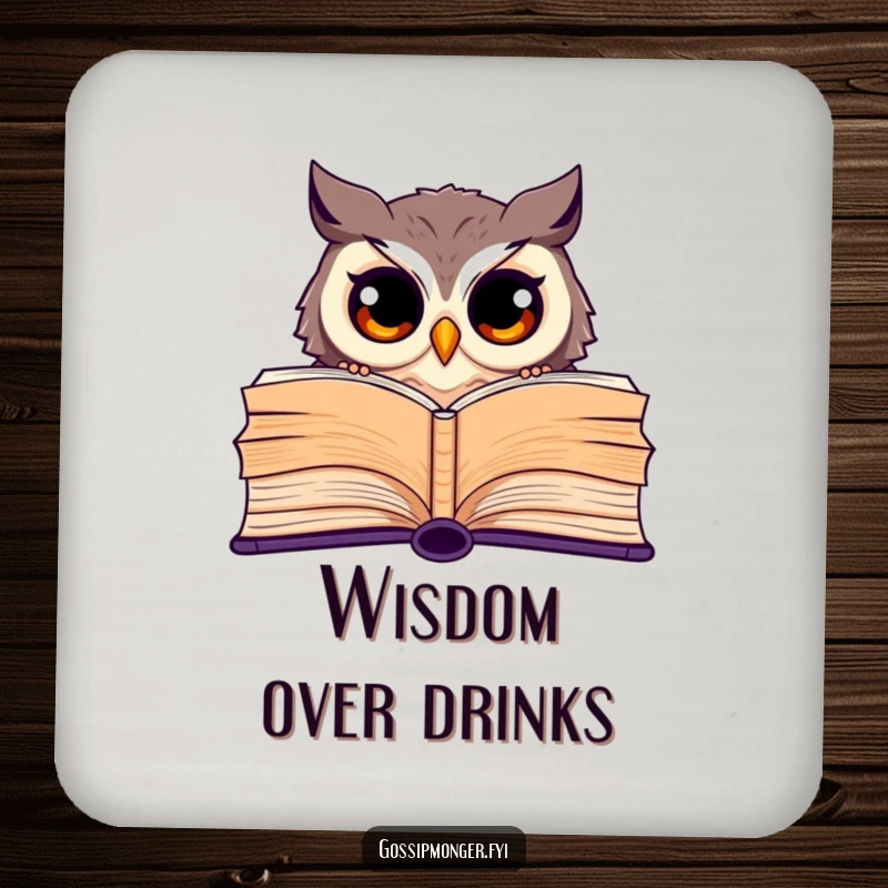 Funny coasters with curious owls peeking from behind giant open books, protecting surfaces with humor.