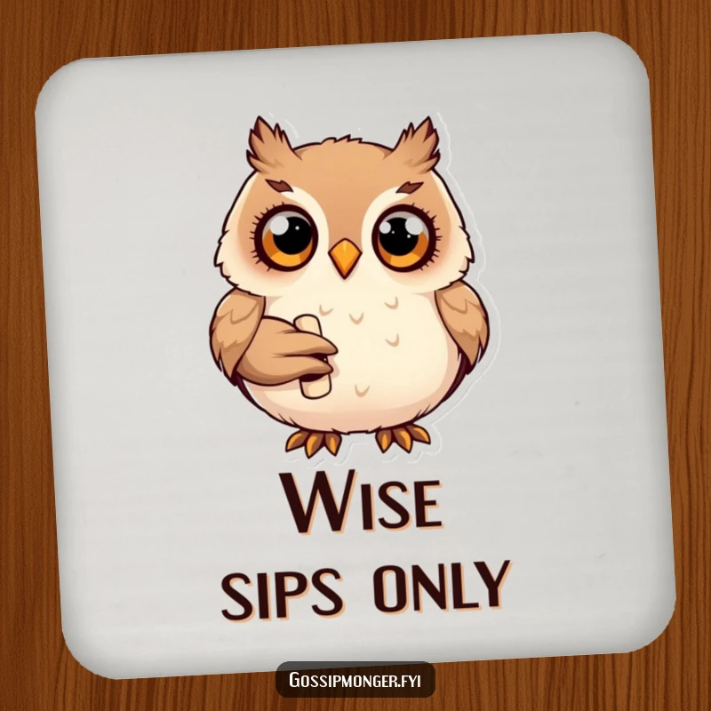 Funny plump happy owl with wide curious eyes, holding a tiny rolled-up scroll, absorbent drink coaster.