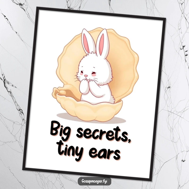 Funny Bunny Poster: A fluffy white rabbit whispers secrets into a giant conch shell, creating whimsical and humorous wall art.
