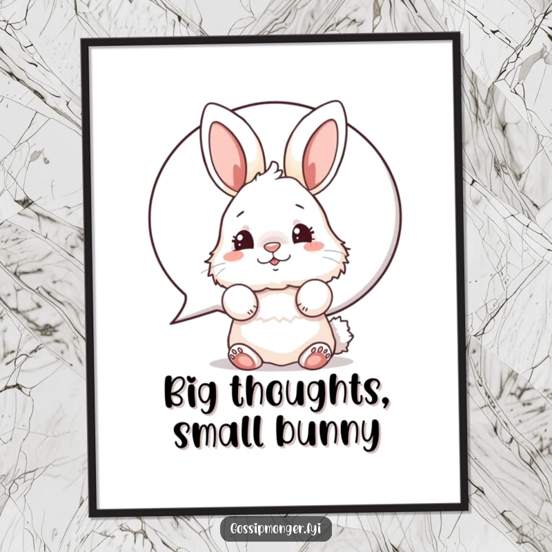 Funny bunny poster print of a fluffy rabbit peeking from behind a speech bubble, wiggling its nose cheekily.