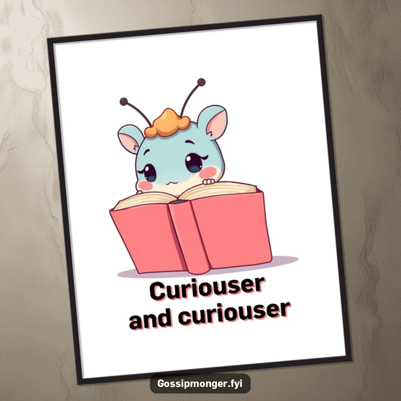 Funny creature with twitching antennae peeking from a large book, presented as an intriguing and humorous art print for wall decoration.
