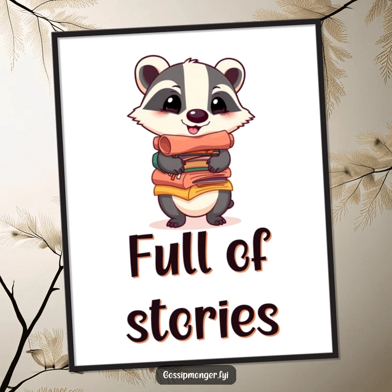 Funny poster art of a cheerful badger balancing a stack of colorful, gossip-filled scrolls, conveying a sense of happy storytelling and community.