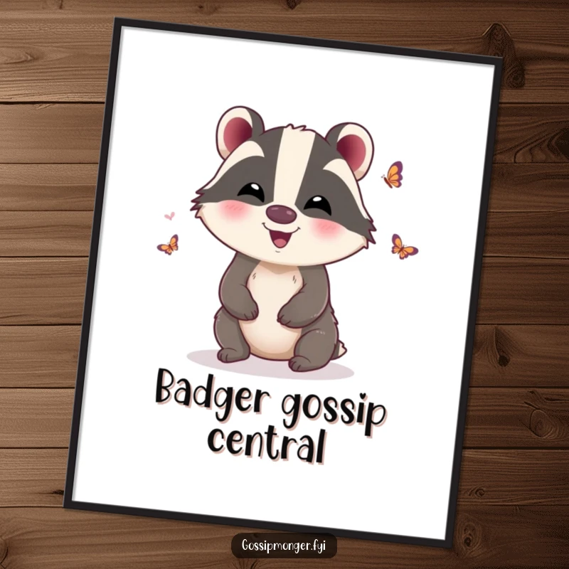 Funny Poster: A giggling badger with delicate butterfly wings, radiating funny mischief and joy, a fantastic funny gift.