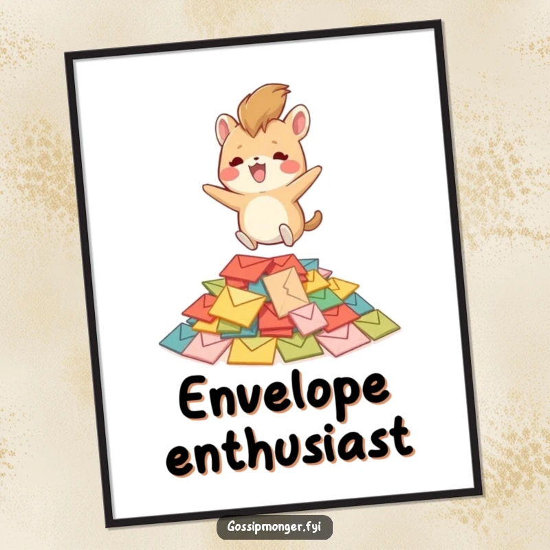 Funny creature with a bushy tail joyfully bouncing on a vibrant pile of colorful envelopes, captured in a humorous and delightful art print.