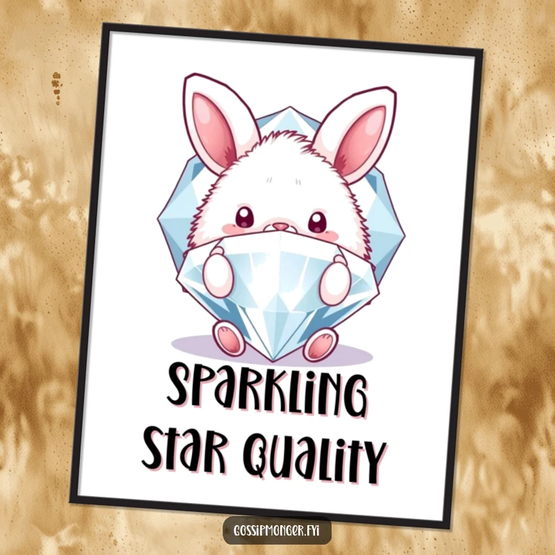 Funny poster showcasing a fluffy bunny peeking behind a massive, sparkling diamond, adding a touch of playful luxury and charm.