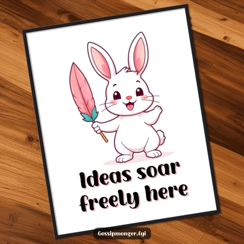Funny Poster showcasing a cheerful bunny holding a large, colorful feather quill, symbolizing inspiration and whimsical writing.