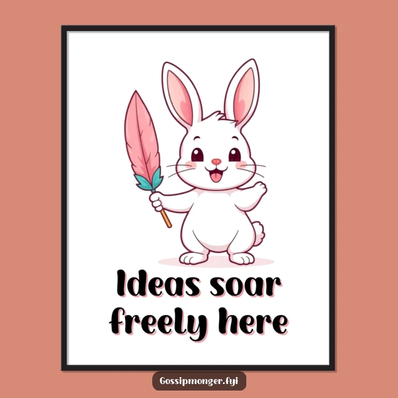 Funny Bunny Writing Poster: Cheerful Rabbit with Quill, Whimsical Art for Any Room