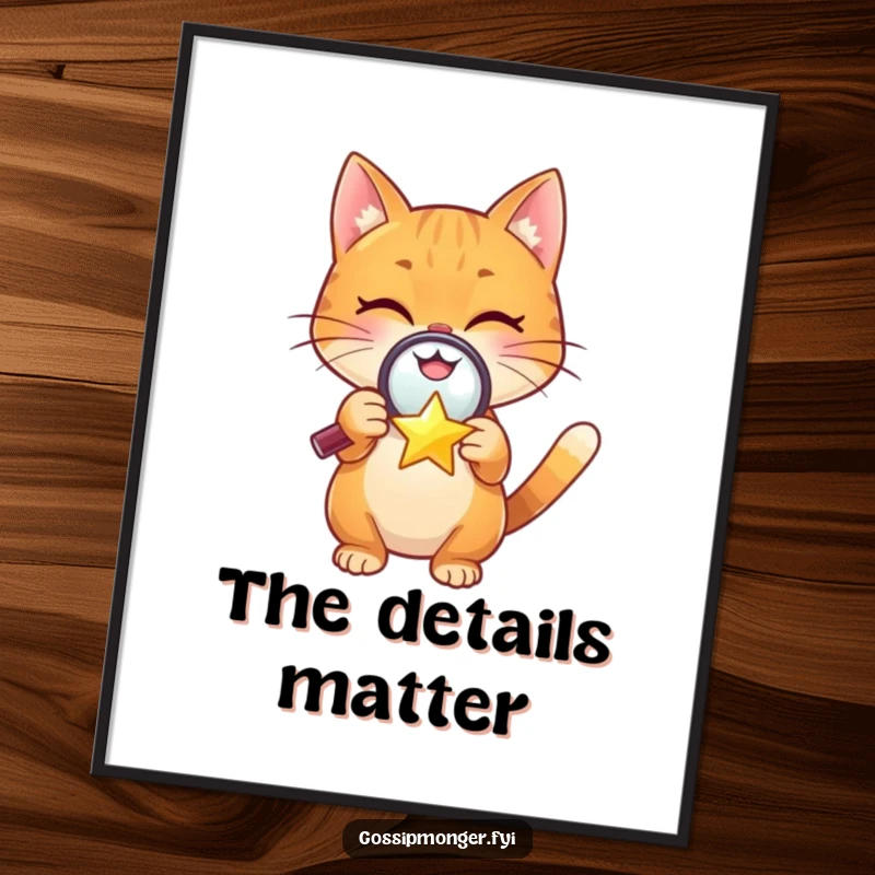Funny poster featuring a cheerful orange cat with a magnifying glass observing a tiny, winking star, creating a sense of wonder.