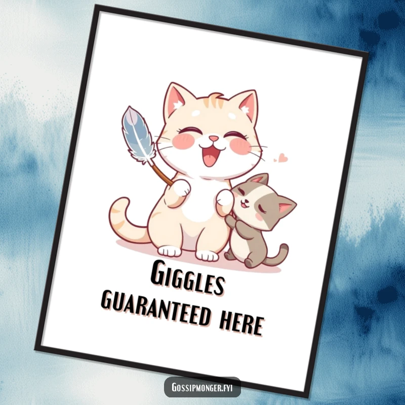 Funny poster showing a giggling cat playfully tickling a friend with a feather duster, radiating pure joy.