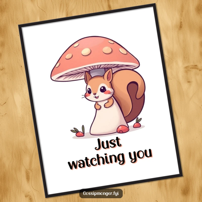 Funny curious squirrel poster, peeking from behind a giant mushroom, creating a whimsical and intriguing piece of nature-inspired wall art.