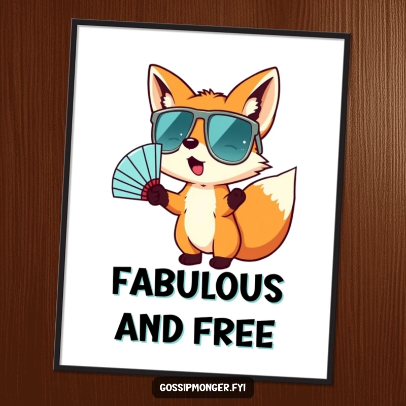 Funny poster print of a tiny fox in oversized sunglasses, wildly gesturing with a fan, conveying a sense of playful energy and cool confidence.