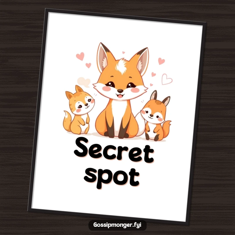 Funny poster depicting a smiling fox sharing whispers with delighted woodland creatures. Forest charm.