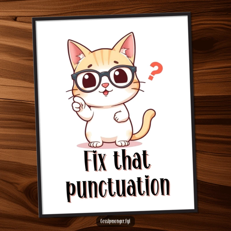 Funny poster art of a distinguished cat in spectacles, intently pointing at a single, incorrectly placed comma.