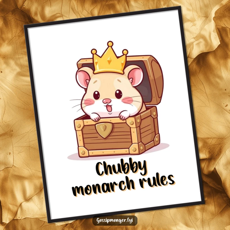 Funny Poster: A curious hamster wearing a crown peeking out of a treasure chest, depicting funny exploration and discovery, a fantastic funny gift.