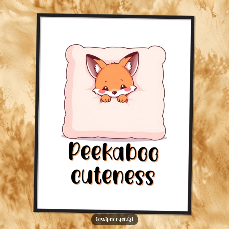 Funny poster art of a tiny kawaii fox peeking from behind a giant plush pillow, embodying shy charm and adorable hiding.