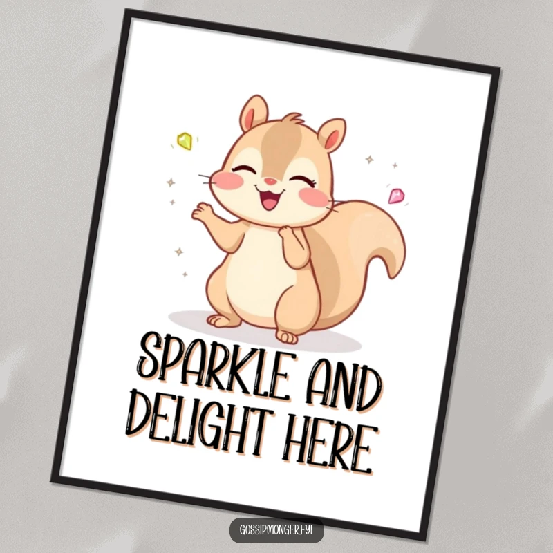 Funny Kawaii Squirrel Poster: A cheerful, cute squirrel juggles tiny, sparkling gems with a pure, delighted expression, vibrant art.