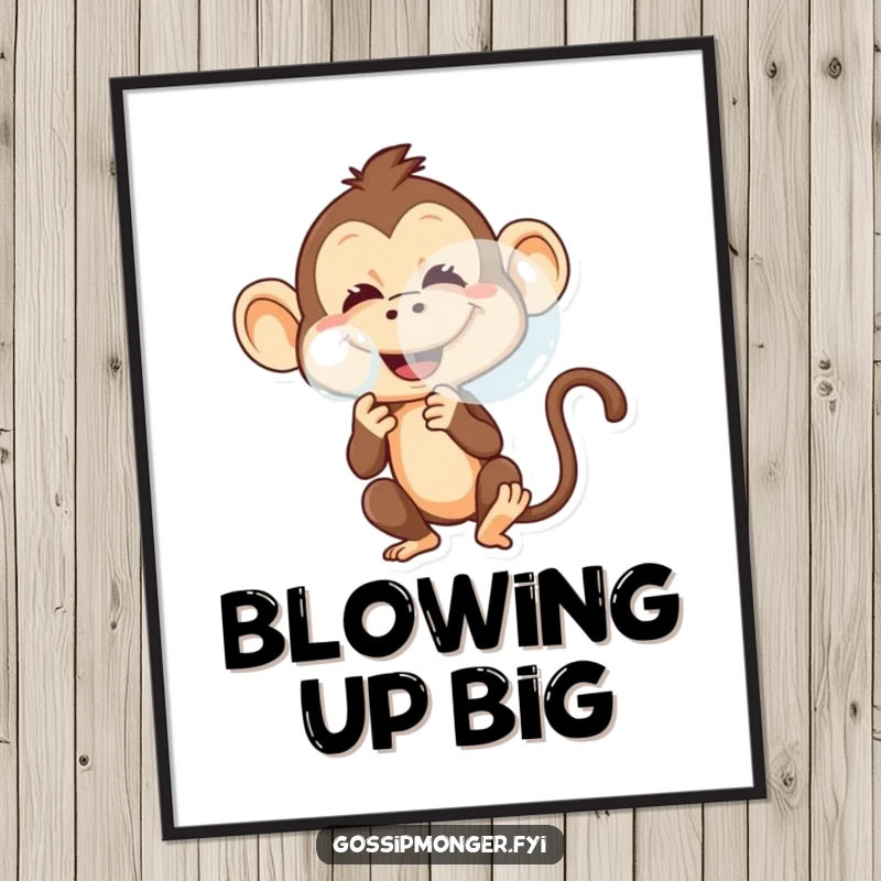 Funny poster art of a mischievous monkey blowing a large bubble with a wide, playful grin, full of cheekiness.