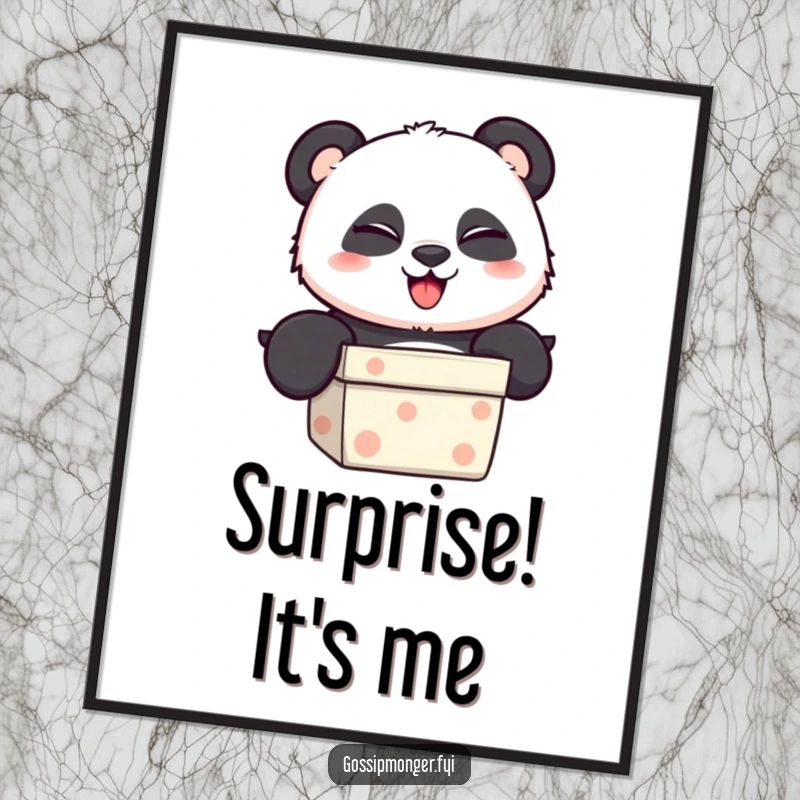 Funny Poster displaying a cute panda peeking playfully from a gift box, offering a mischievous wink to onlookers.