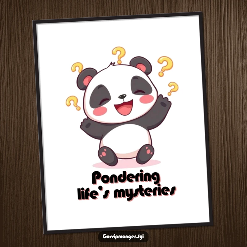 Funny poster showcasing a giggling panda bear juggling three radiant question marks, bringing whimsical energy to any space.