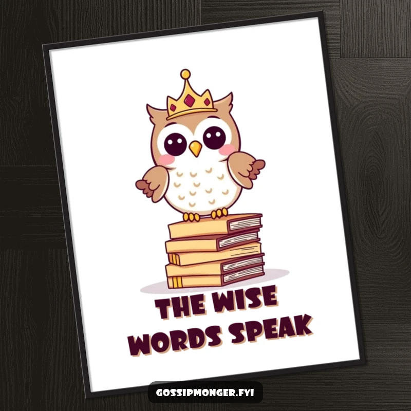 Funny art poster featuring a giggling owl wearing a tiny crown, balancing on whispering letters, adding whimsical wisdom to decor.