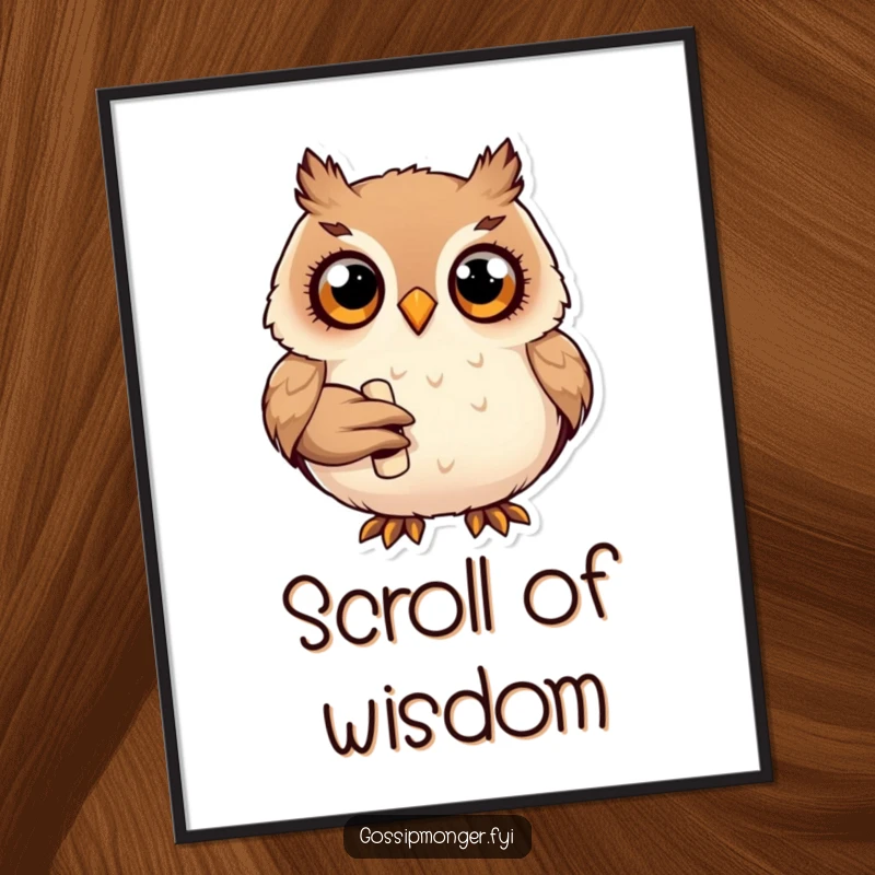 Funny plump happy owl with wide curious eyes, holding a tiny rolled-up scroll, inspiring wall art.